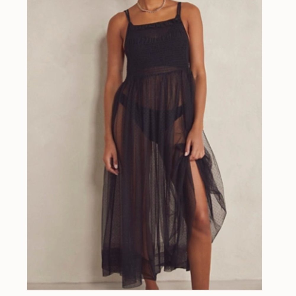 Free People 'Can't Stop Won't Stop' Swiss Dot Mesh Slip Black Midi Dress